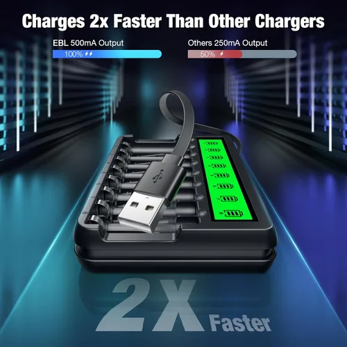 Vista 4 de EBL Cargador de batería AA AAA con cable de carga integrado, carga de alta velocidad, cargador de batería LCD de 8 bahías, ranura independiente
