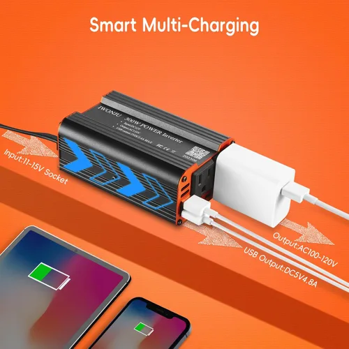 Vista 4 de Inversor de corriente para automóvil de 300 W, CC 12 V a 110 V CA, cable inversor de automóvil, camión, RV, cable inversor de 23.62 pulgadas, 4.8 A