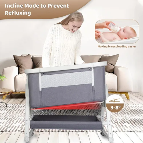 Vista 5 de Cuna 4 en 1, moisés con ruedas y cesta de almacenamiento, ajustable de 7 alturas con mosquitero, moisés mecedor de malla transpirable