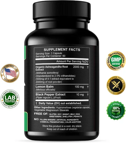 Vista 2 de Cápsulas orgánicas de Ashwagandha de 2000 mg de extracto de polvo de raíz con pimienta negra y bálsamo de limón, suministro de 2 meses