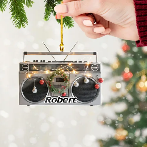 Adorno de Navidad retro personalizado Boombox, 2D plano personalizado nombre vintage reproductor de cassette de radio, decoración de árbol, único