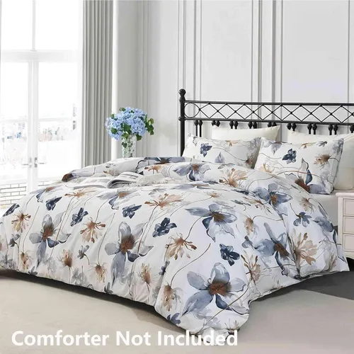 Vista 2 de Nanko Juego de funda de edredón floral azul, tamaño King, estampado de flores y hojas beige tostado, funda de edredón reversible de microfibra suave