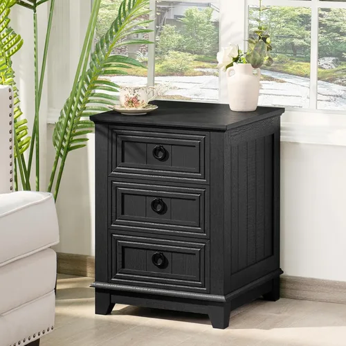 Vista 14 de Joaxswe Mesita de noche estilo granja de 18" con estación de carga, cómoda con mesa auxiliar de 2 cajones para dormitorio, mesita de noche de madera