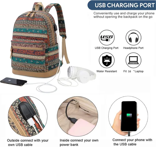 Vista 2 de Mochila bohemia impermeable para laptop con puerto de carga USB e interfaz para auriculares, resistente al agua de 15.6 pulgadas, mochila escolar