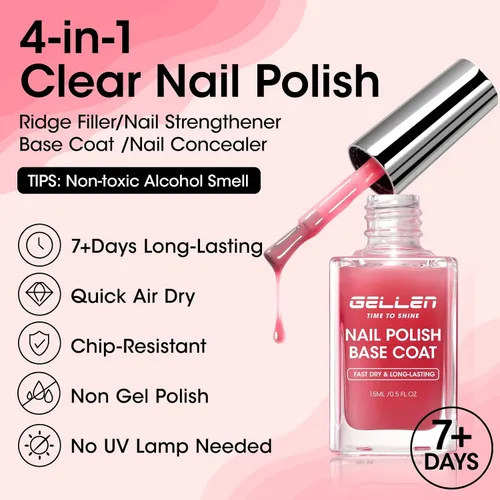 Vista 2 de GELLEN Capa base de esmalte de uñas transparente 4 en 1 con tinte rojo sutil, relleno de crestas, fortalecedor y corrector de uñas, fórmula