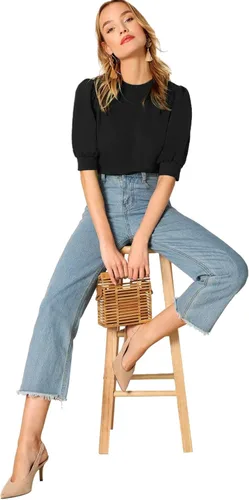 Vista 5 de SheIn Blusa de mujer con mangas de puff Casual Solid Top Pullover Keyhole Back