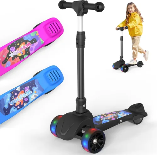 Electric Scooter for Kids, 80W Motor, 24V 62.4Wh Capacity Battery, Lighted Up Wheel, Adjustable Handlebar Height, Rear Fender Brake, Max Load 110 LBS