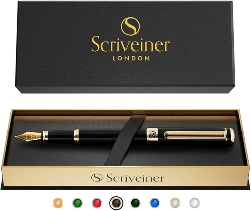 Vista 9 de Scriveiner Pluma Estilográfica de Lujo - Impresionante Pluma de Laca Negra, Acabado de Oro Real, Plumín Dorado Schmidt (Mediano), Convertidor, Mejor