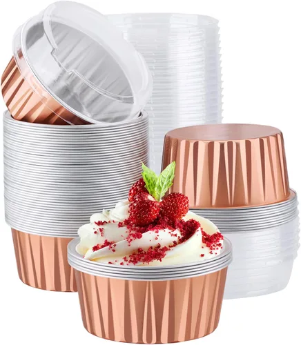 Vista 20 de EUSOAR Moldes desechables de papel de aluminio con tapas, 30 piezas de 5 onzas (4.2 fl oz) de papel de aluminio para magdalenas, tazas para hornear
