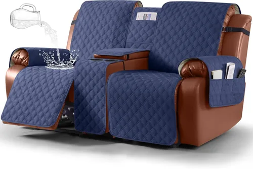 Vista 16 de Ruaozz Funda impermeable para sofá biplaza reclinable con consola, funda antideslizante para sofá reclinable dividido, con correas elásticas, Beige