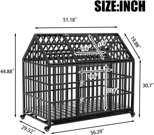 Vista 6 de Heavy-Duty Metal Dog Crate for Large Dogs – Sturdy, Ventilated Kennel with Secure Double-Latch Door and Smooth-Rolling Lockable Wheels (52 inch)