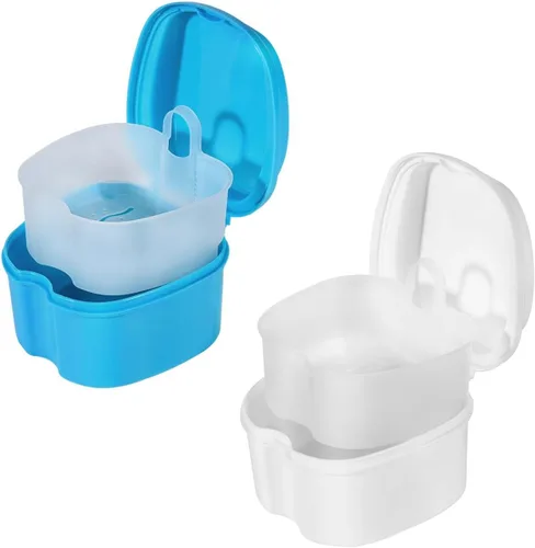 Vista 23 de KISEER Caja de baño de dentadura negra con soporte para tazas, contenedor de remojo con cesta coladora para limpieza de viajes
