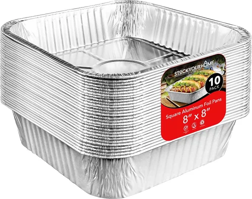 Stock Your Home Sartenes de aluminio de 8 x 8 pulgadas (paquete de 10) sartenes cuadradas de aluminio de 8 pulgadas – Recipientes desechables para