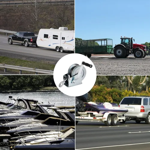 Vista 2 de Cabrestante de remolque para lancha, cabrestante de manivela de 1600 libras con correa de poliéster de 26 pies, cabrestante de remolque de manivela