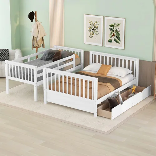 Vista 125 de Harper & Bright Designs Litera de tamaño matrimonial sobre matrimonial con 3 cajones, litera de madera maciza con almacenamiento y riel