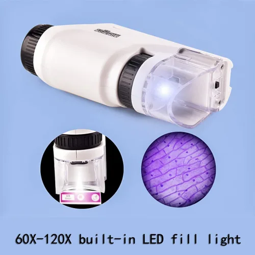 Vista 4 de Microscopio óptico portátil 60X-120X con regalo de cumpleaños de luz LED para estudiantes de escuela primaria y secundaria