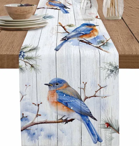 Snowy Bird Table Runner-Cotton Linen-36 Inch Holiday Dresser Scarves, Christmas Farmhouse Wood Grain Berry Tablerunner for Kitchen Coffee/Dining
