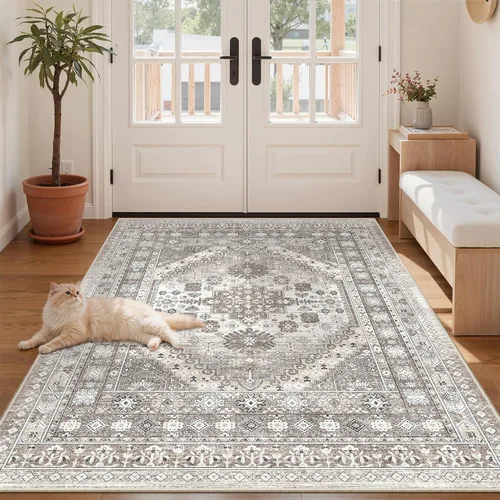 Vista 10 de zesthome Alfombras de área de 5 x 7, lavables a máquina, para sala de estar, dormitorio, resistentes a las manchas, vintage, de gran área, Beige