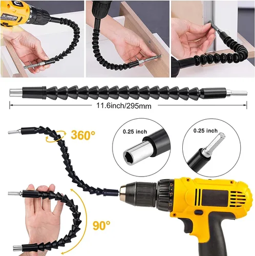 Vista 2 de Juego de extensión de broca flexible, 19 piezas, vástago hexagonal de 105 °, accesorio de taladro de ángulo recto de 3 piezas, extensión de soporte