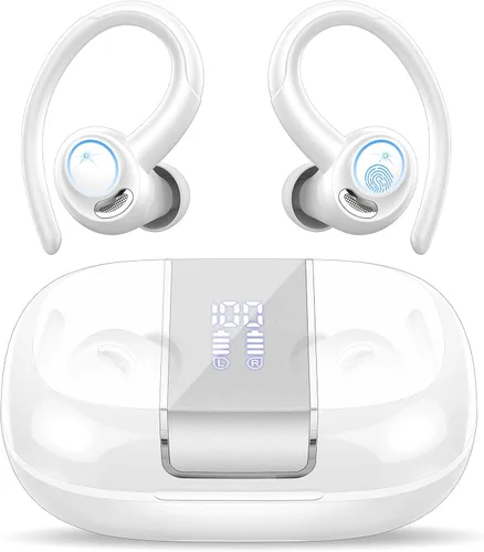 Auriculares deportivos inalámbricos con gancho para la oreja, 48H Deep Bass/ENC Mic Ear Buds White | Wireless Earphone with LED Display, Bluetooth
