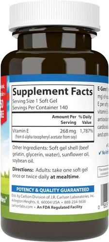 Vista 2 de Carlson - E-Gems 400 UI (268 mg), vitamina E de origen natural, bienestar óptimo, 140 geles blandos