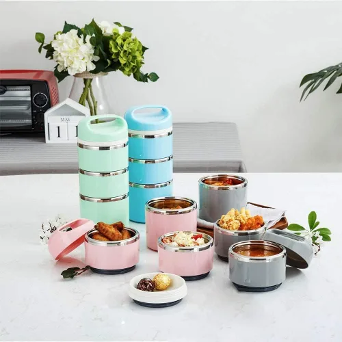 Vista 6 de Fiambrera Lille Home con compartimento aislante térmico de acero inoxidable y apilable, caja bento hermética con 3 niveles, contenedor