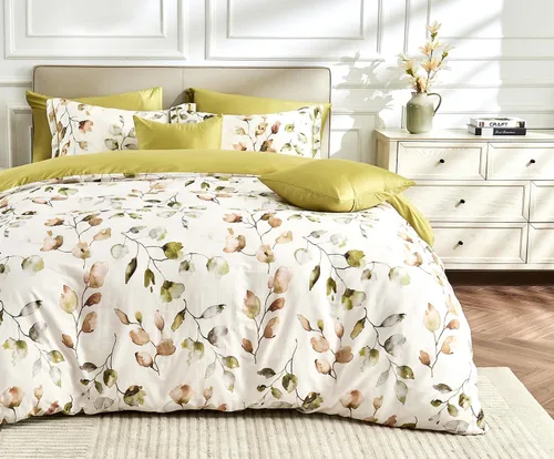 Vista 11 de SLEEPBELLA - Funda de edredón tamaño King, 600 hilos de algodón beige y gris azulado con patrón de hojas lujoso impreso, funda de edredón reversible