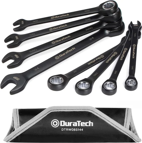 DURATECH Juego de llaves combinadas de trinquete, 144-P, trinquete doble apilado, 8 piezas, SAE, 5/16 pulgadas a 3/4 pulgadas, acero CR-V, chapado