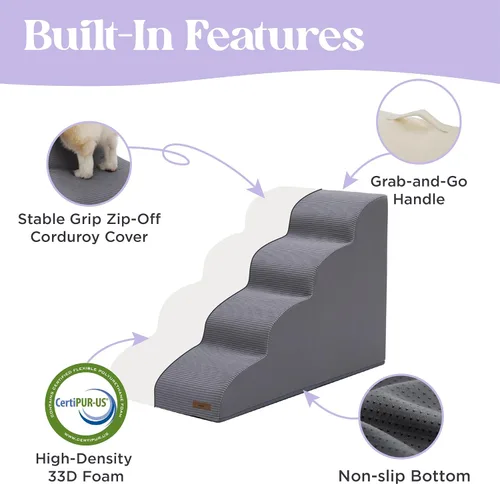 Vista 3 de Lesure - Escaleras para perros pequeños, rampa para cama alta y sofá con espuma certificada CertiPUR-US con parte inferior antideslizante, color Gris