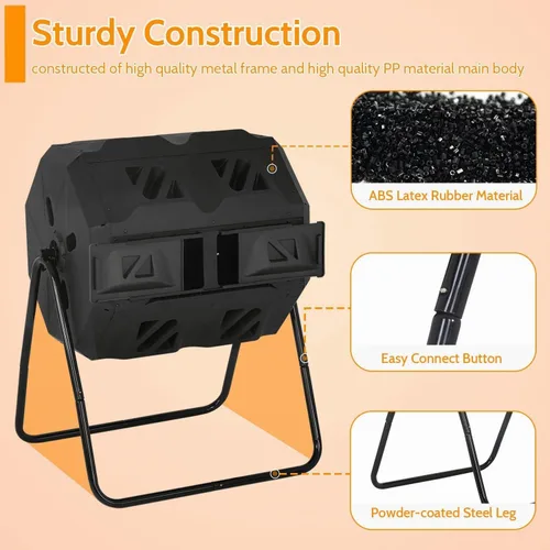 Vista 7 de Compostador de doble cámara para exteriores, cubo de compost de 43 galones, cubo de basura de compostaje de 360°, compostador sin BPA, giratorio