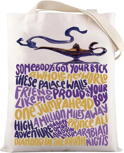 Vista 8 de LEVLO Aladdin Bolsa de lona musical Jasmine Broadway para fanáticos musicales, regalo de lámpara genio, bolsa reutilizable