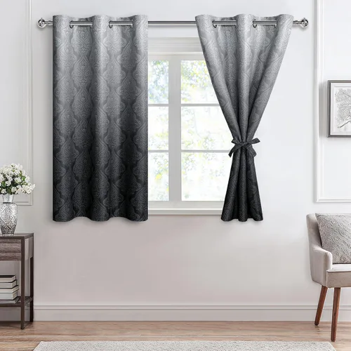 Hiasan - Cortinas opacas cortas degradadas para dormitorio con alzapaños, cortinas con patrón de damasco degradado de 54 pulgadas de largo, cortinas