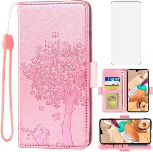 Asuwish Compatible con LG K61/Q61/K51S/K41S - Funda tipo cartera y protector de pantalla de vidrio templado, accesorios para monedero, correa de