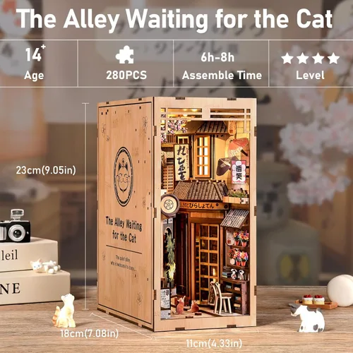 Vista 4 de Kit de rincón de libros, kit de casa en miniatura para adultos y adolescentes, decoración de estantería de callejón japonés con LED, rompecabezas