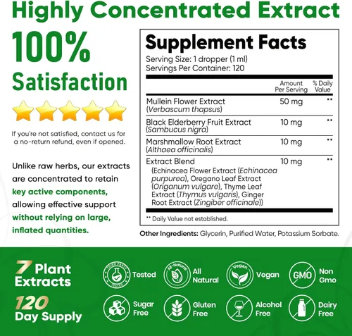 Vista 6 de Fidus Gotas de gordolobo para pulmones y drenaje linfático - 7 hierbas con equinácea, orégano, jengibre, saúco, raíz de malvavisco y tomillo