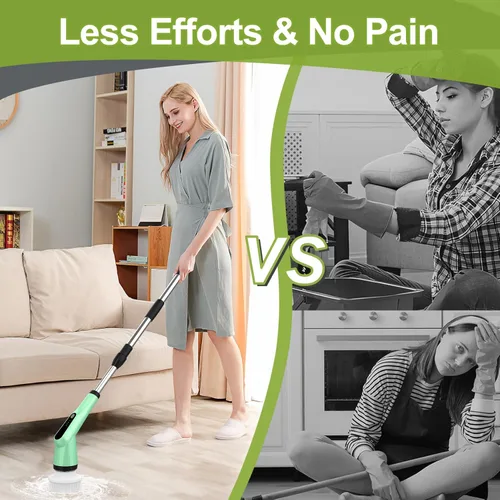 Vista 5 de Cepillo de limpieza eléctrico giratorio, cepillo de ducha con mango largo ajustable, limpiador de ducha con 2 velocidades y 7 cabezales de cepillo