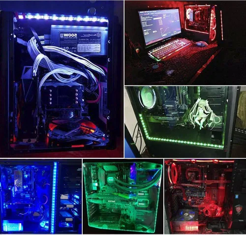 Vista 3 de Tira de iluminación LED RGB para computadora a través de imán con controlador para computadora de escritorio, torre media torre completa