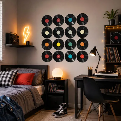 NOLITOY - Juego de 16 piezas de decoración de pared de discos de vinilo de 9.65 pulgadas, arte de pared con música retro negra