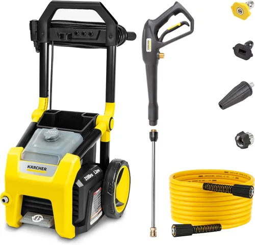 Kärcher Lavadora a presión K2100PS, certificado CETA, 3 boquillas de pulverización, tanque de detergente, para automóviles, calzadas, Amarillo