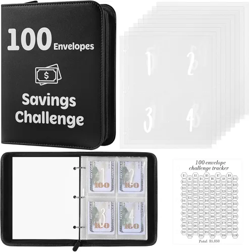 Carpeta de Desafío de Dinero con 100 Sobres y Rastreador Laminado, Carpeta de Presupuesto con Sobres de Efectivo, Libro de Ahorros con Cremallera