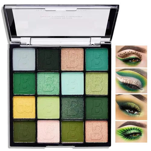 Paleta de sombra de ojos verde brillante de 16 colores, paleta de sombra de ojos metálica mate impermeable, paleta de sombra de ojos altamente