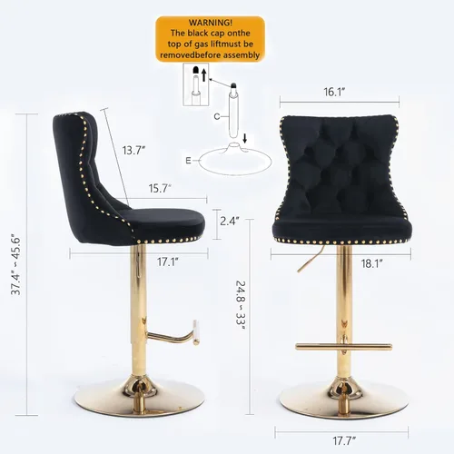 Vista 186 de Taburete de bar giratorio con respaldo copetudo, taburetes de bar ajustables en altura de mostrador, ribete de cabeza de clavo, silla de bar