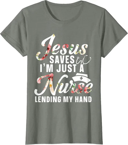Vista 4 de Jesus Saves I'm Just A Nurse Lending My Hand RN Christian T-Shirt Asphalt Grey