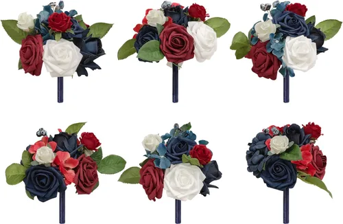 Vista 10 de TINGE TIME Centros de mesa de boda, juego de 6, flores artificiales para boda, mini ramos de flores prefabricadas para decoración del hogar de Rosa