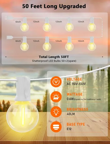 Vista 20 de 25ft Outdoor Christmas LED String Lights,G40 Frosted White Globe Lights with 27pcs Plastic Bulbs,Round Bulb Christmas Lights for Indoor/Outdoor