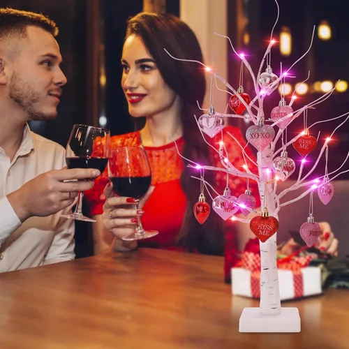 Vista 7 de Decoración de árbol de abedul iluminado para el día de San Valentín, mesa pequeña de 24 pulgadas, decoración de árboles de luz LED artificiales