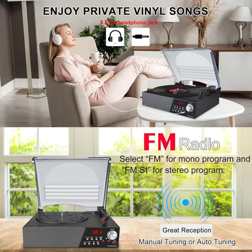 Vista 6 de LUXSWAY Tocadiscos Bluetooth, tocadiscos de 3 velocidades, tocadiscos de vinilo, radio FM con 2 altavoces estéreo incorporados, 33, 45, 78 RPM