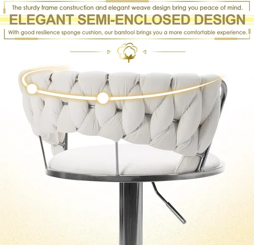 Vista 5 de Juego de 2 taburetes de bar giratorios de terciopelo, taburete de bar ajustable con respaldo tejido, sillas de comedor tapizadas, taburetes de bar