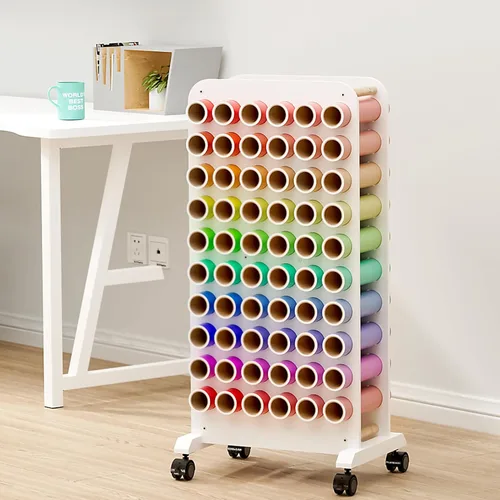 Vista 8 de Soporte móvil de rollo de vinilo, 60 compartimentos, carrito organizador de almacenamiento de vinilo con ruedas, estante organizador de manualidades