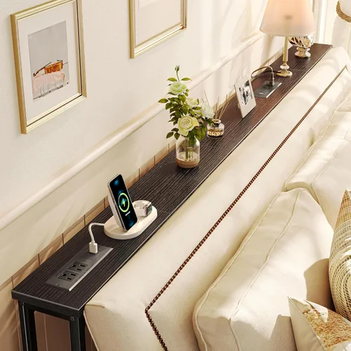 Vista 2 de SUPERJARE - Mesa de sofá de 79 pulgadas con 2 tomas de corriente y puertos USB-C, mesa consola estrecha de 5.9 pulgadas con almacenamiento, mesa